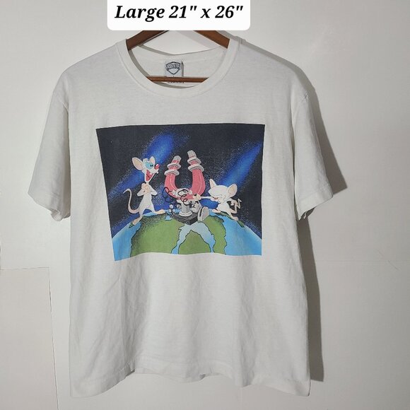 Vintage 1996 Animaniacs Pinky And The Brain Large White Shirt Single Stitch USA - Picture 1 of 6